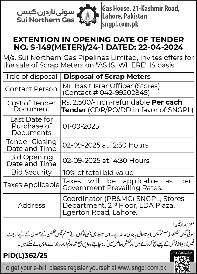 Sui Northern Gas Company Limited Lahore Tender Notice